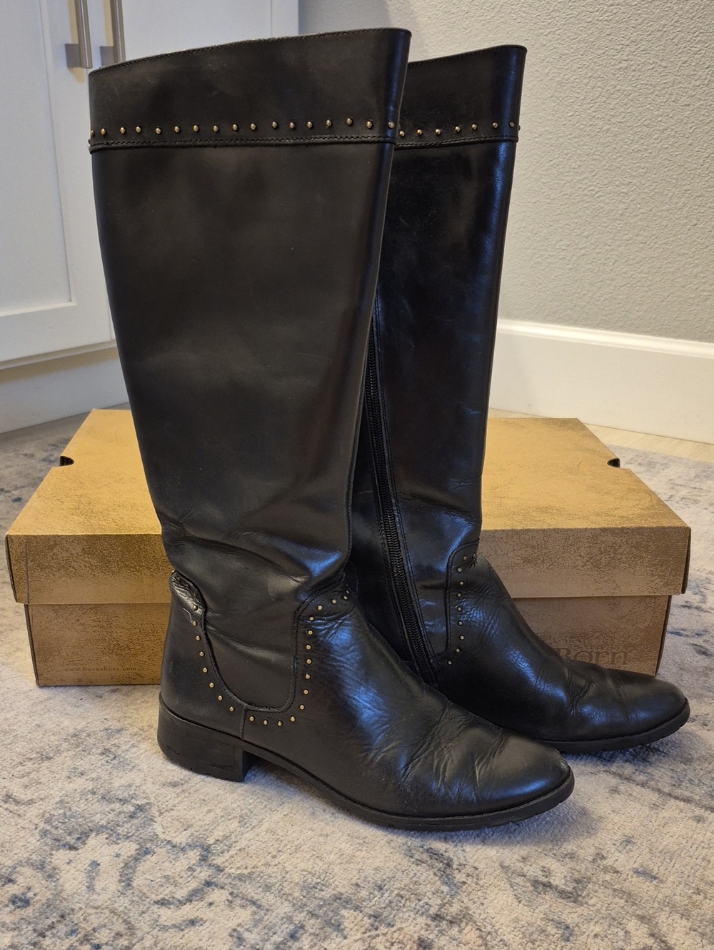 Black Leather Riding Boots With Gold Stud Trim  Size 8.5